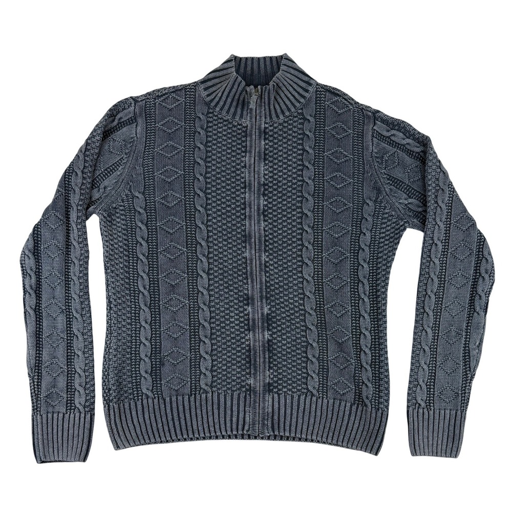 Carbon 2 Cobalt Full Zip Sweater Mens Large Blue Gray Linen Cotton Cable‎ Knit